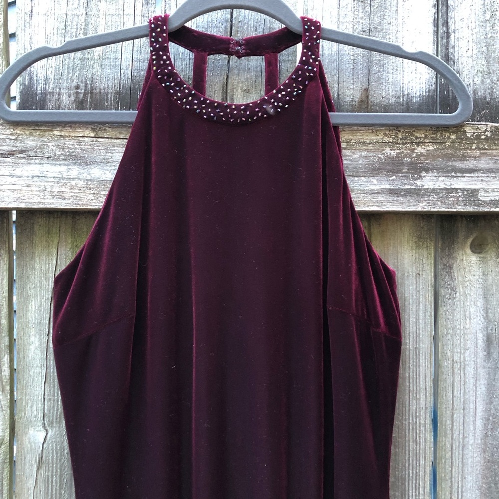 Vintage Reggio Maroon Velvet Maxi Dress Halter Beaded Strappy Wine Red - Picture 2 of 15